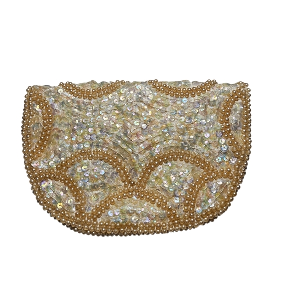 ​🛍️VINTAGE La Regale Ivory Pearl Sequin Clutch 1950s Beaded Evening Bag - Picture 2 of 6